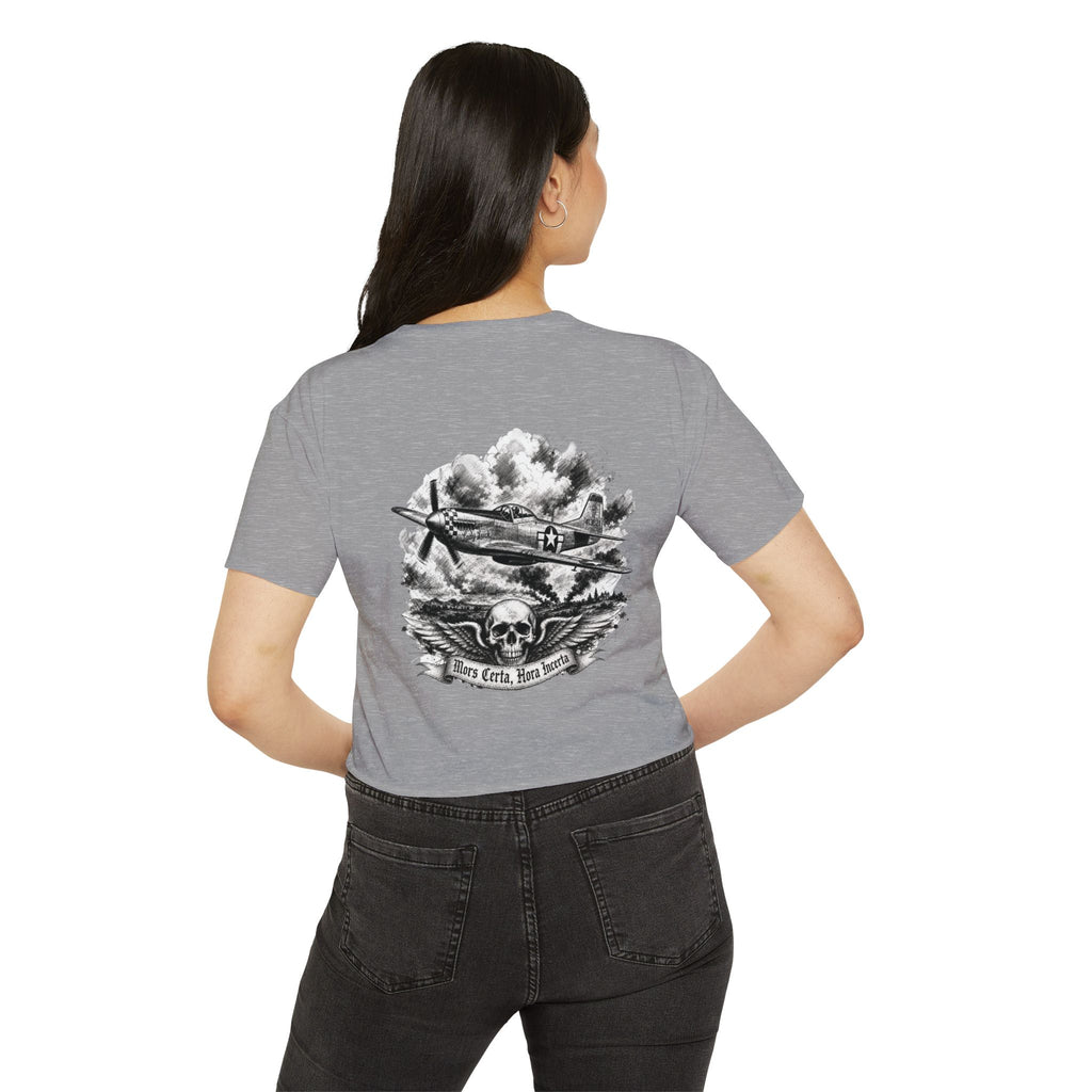 Mors Certa, Hora Incerta - Women's Wisp Ultra-Lightweight Crop Top, graphic tee, cropped, heather grey, back, mockup