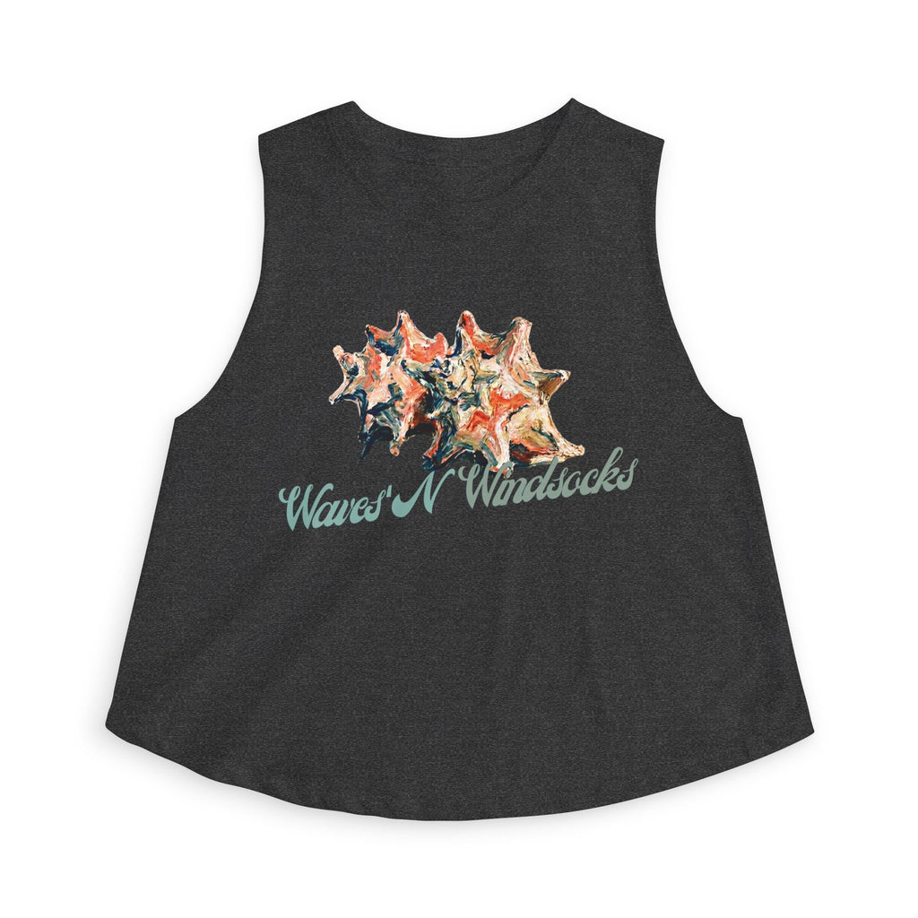 Abstract Conch - Women's Jackal Cropped Tank, graphic tee, cropped, tank top, crop top, dark grey heather, front