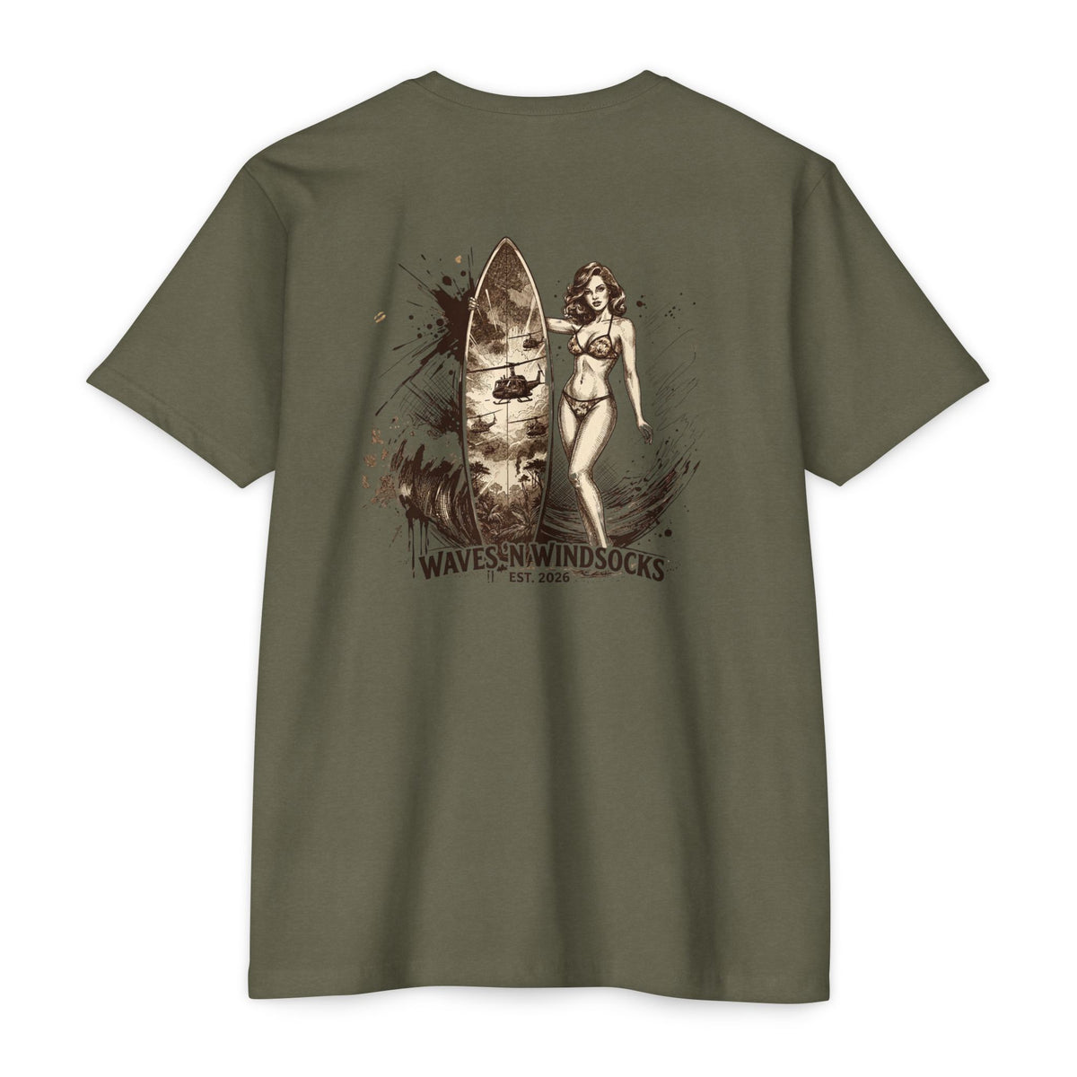 Surfer Pin-up - Men's Breach Tee, graphic tee, military green, back