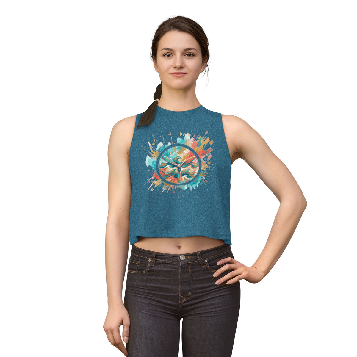 W&W Splatter - Women's Jackal Cropped Tank, graphic tank top, cropped, heather deep teal, front, mockup