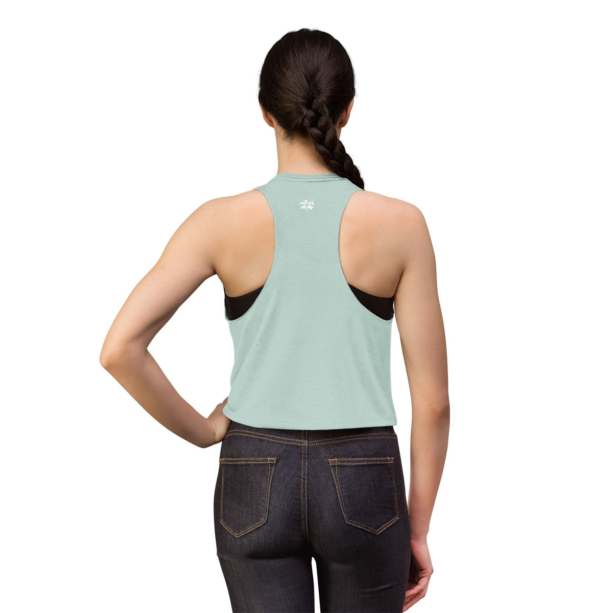 W&W Groovy - Women's Jackal Cropped Tank, graphic tee, tank top,  heather dusty blue, back, mockup