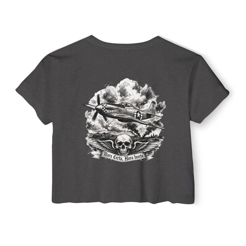 Mors Certa, Hora Incerta - Women's Wisp Ultra-Lightweight Crop Top, graphic tee, cropped, charcoal, back