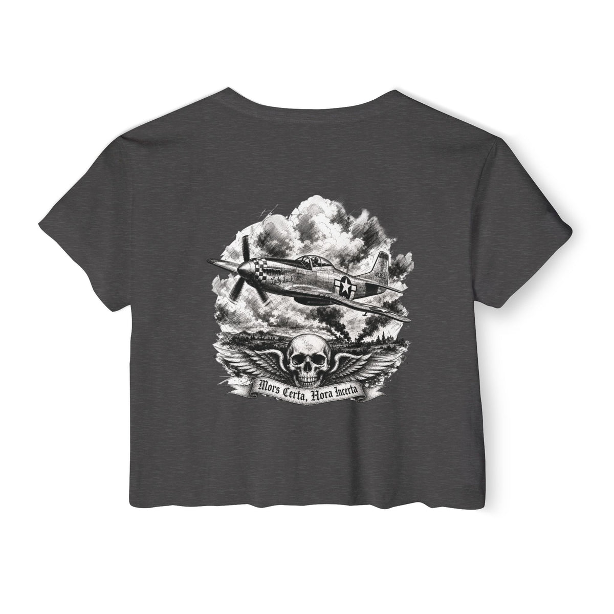 Mors Certa, Hora Incerta - Women's Wisp Ultra-Lightweight Crop Top, graphic tee, cropped, charcoal, back