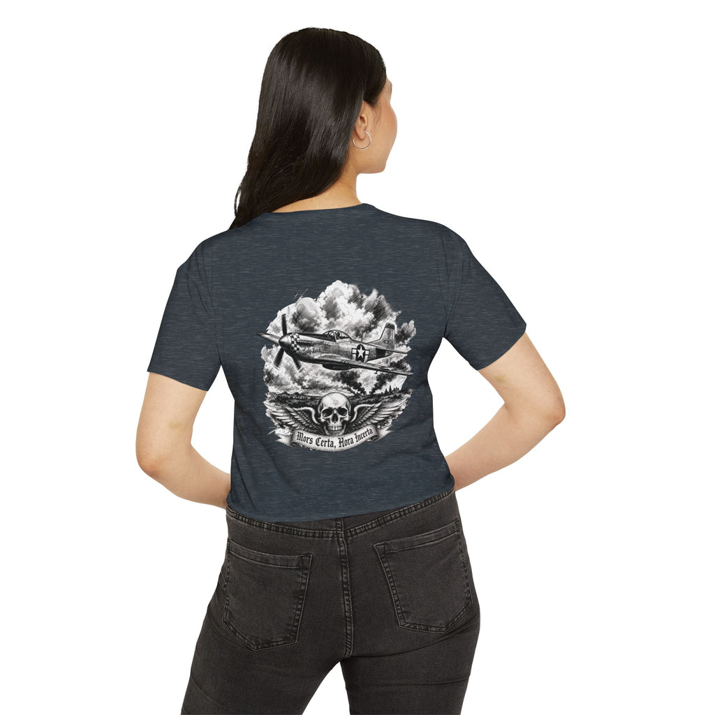 Mors Certa, Hora Incerta - Women's Wisp Ultra-Lightweight Crop Top, graphic tee, cropped, antique denim, back, mockup