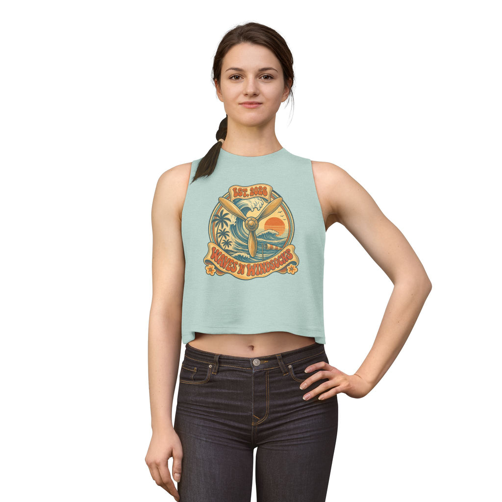 W&W Groovy - Women's Jackal Cropped Tank, graphic tee, tank top, heather dusty blue, front, mockup