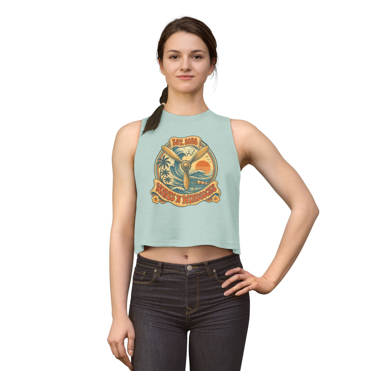 W&W Groovy - Women's Jackal Cropped Tank, graphic tee, tank top, heather dusty blue, front, mockup