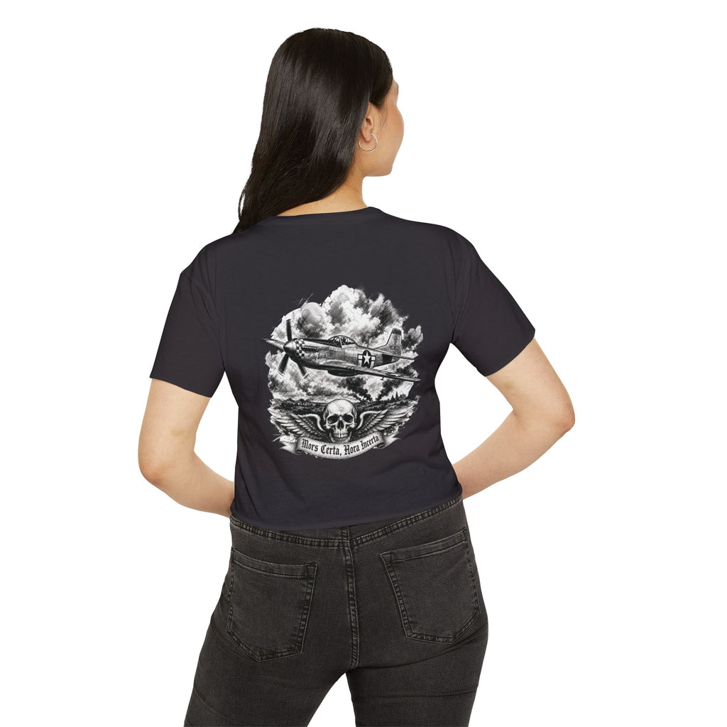 Mors Certa, Hora Incerta - Women's Wisp Ultra-Lightweight Crop Top, graphic tee, cropped, black, back, mockup