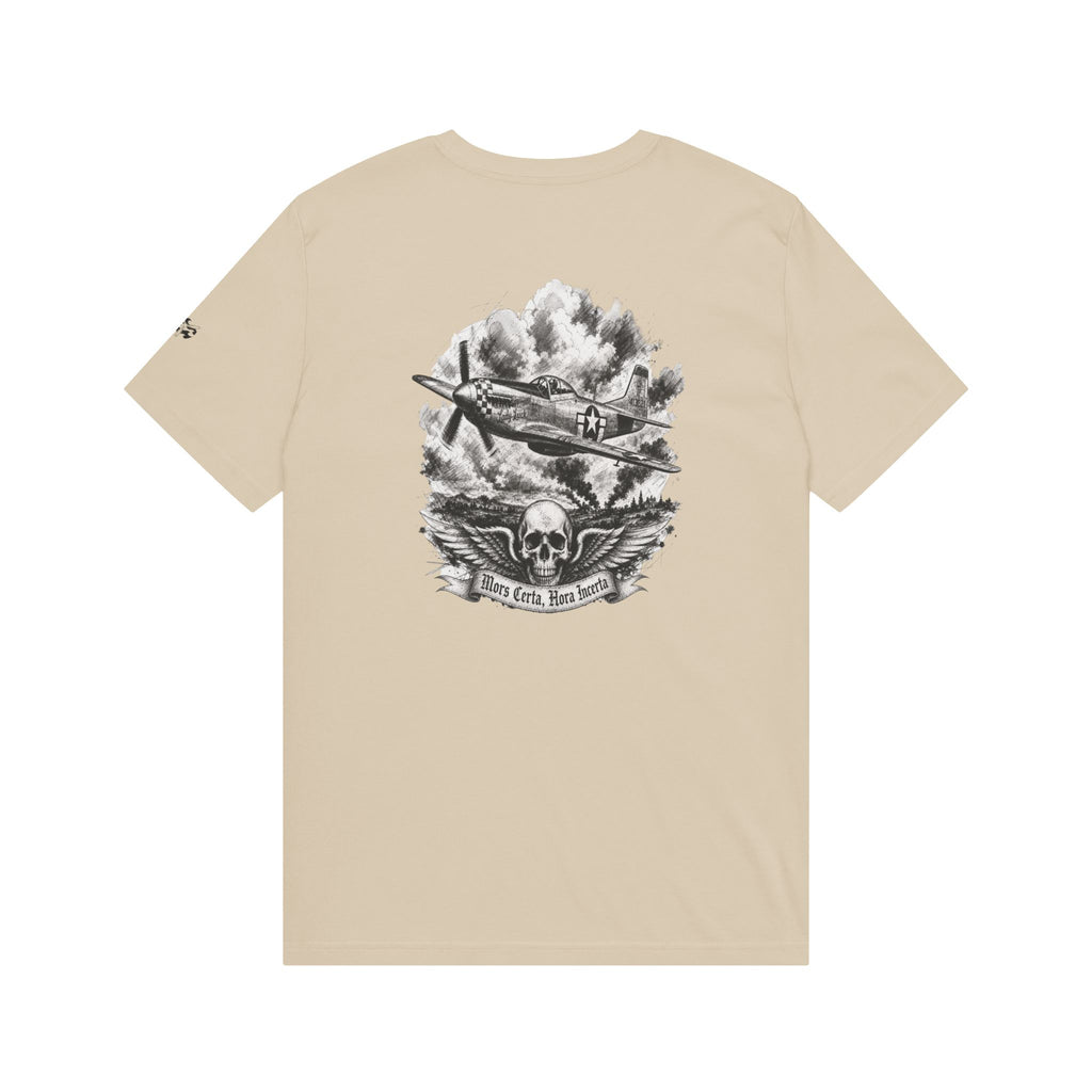 Mors Certa, Hora Incerta - Men's Aegis Tee, graphic tee, desert dust, back
