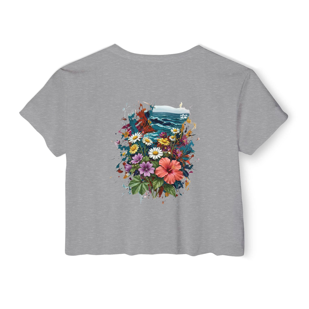 Coastal Flowers-Women's Wisp Ultra-Lightweight Crop Top, cropped, graphic tee, heather grey, back