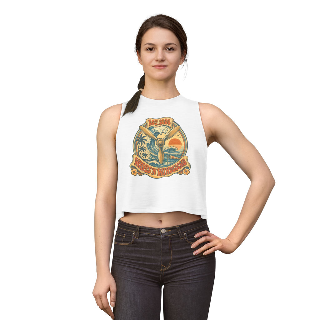 W&W Groovy - Women's Jackal Cropped Tank, graphic tee, tank top, white, front, mockup