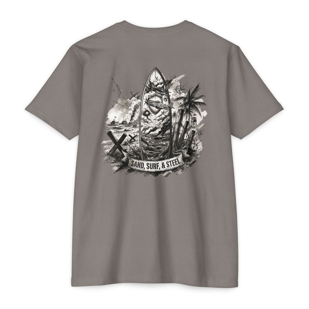Sand, Surf, Steel - Men's Breach Tee, graphic tee, stone gray, back