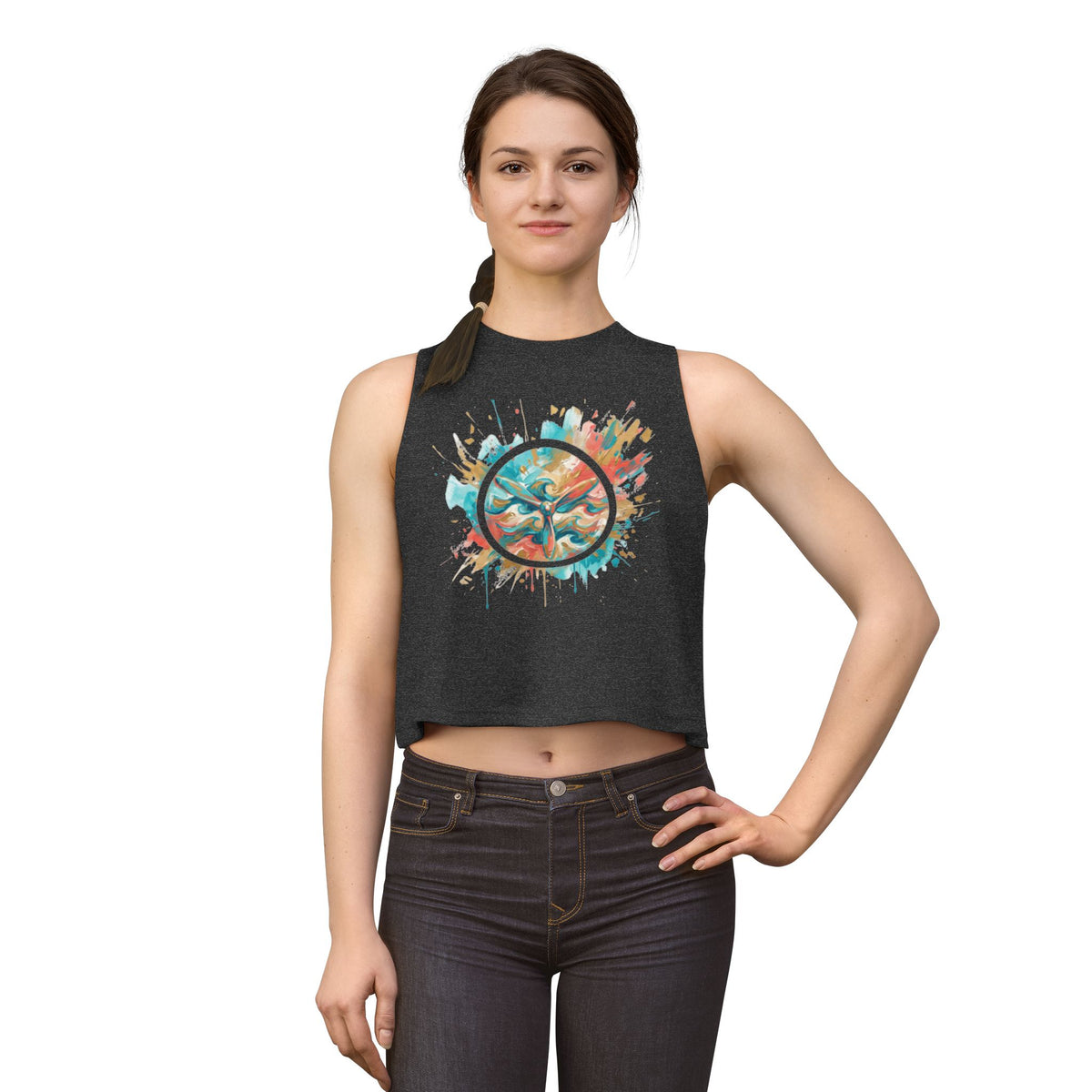 W&W Splatter - Women's Jackal Cropped Tank, graphic tank top, cropped, dark grey heather, front, mockup