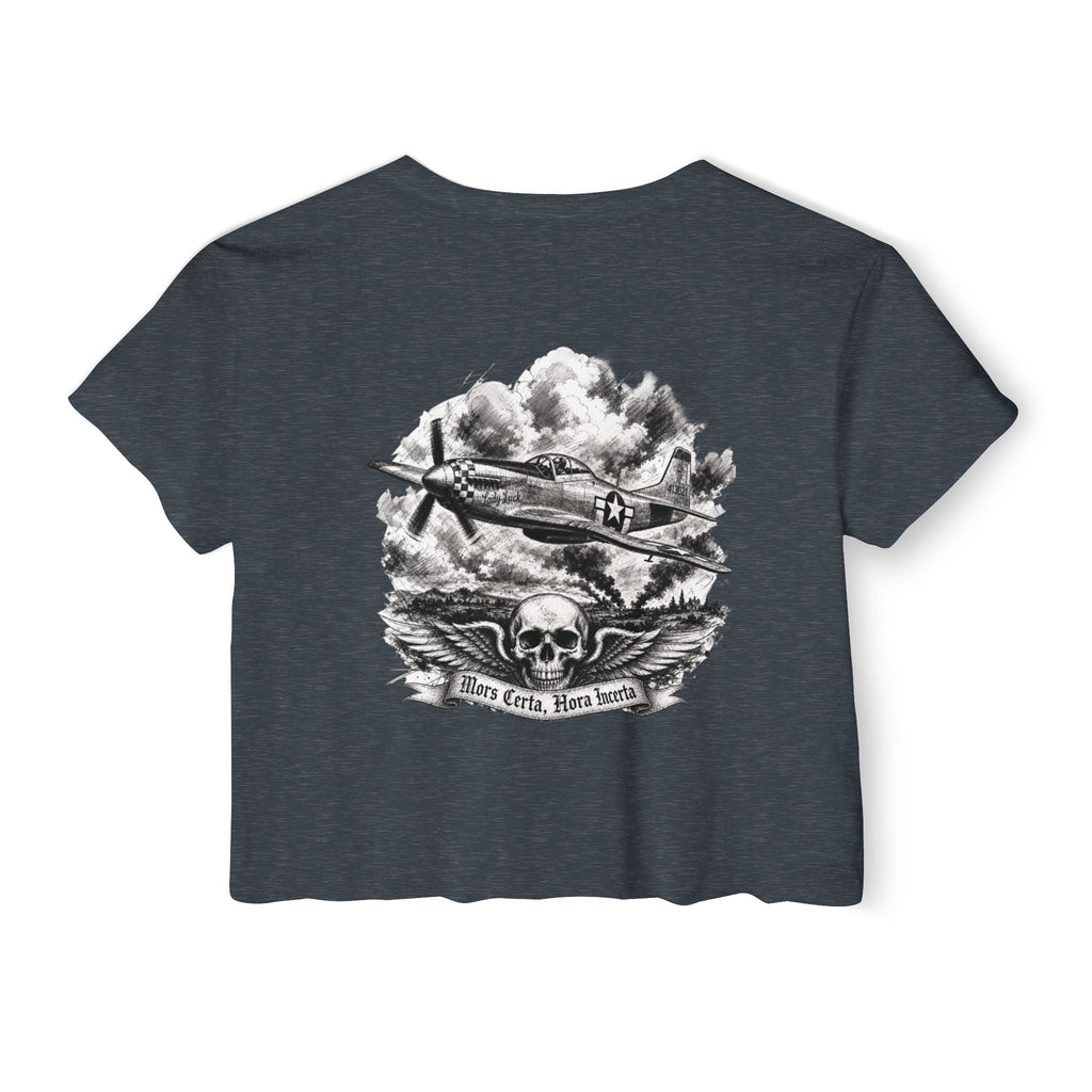 Mors Certa, Hora Incerta - Women's Wisp Ultra-Lightweight Crop Top, graphic tee, cropped, antique denim, back