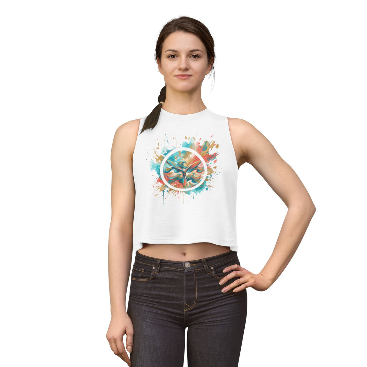 W&W Splatter - Women's Jackal Cropped Tank, graphic tank top, cropped, white, front, mockup