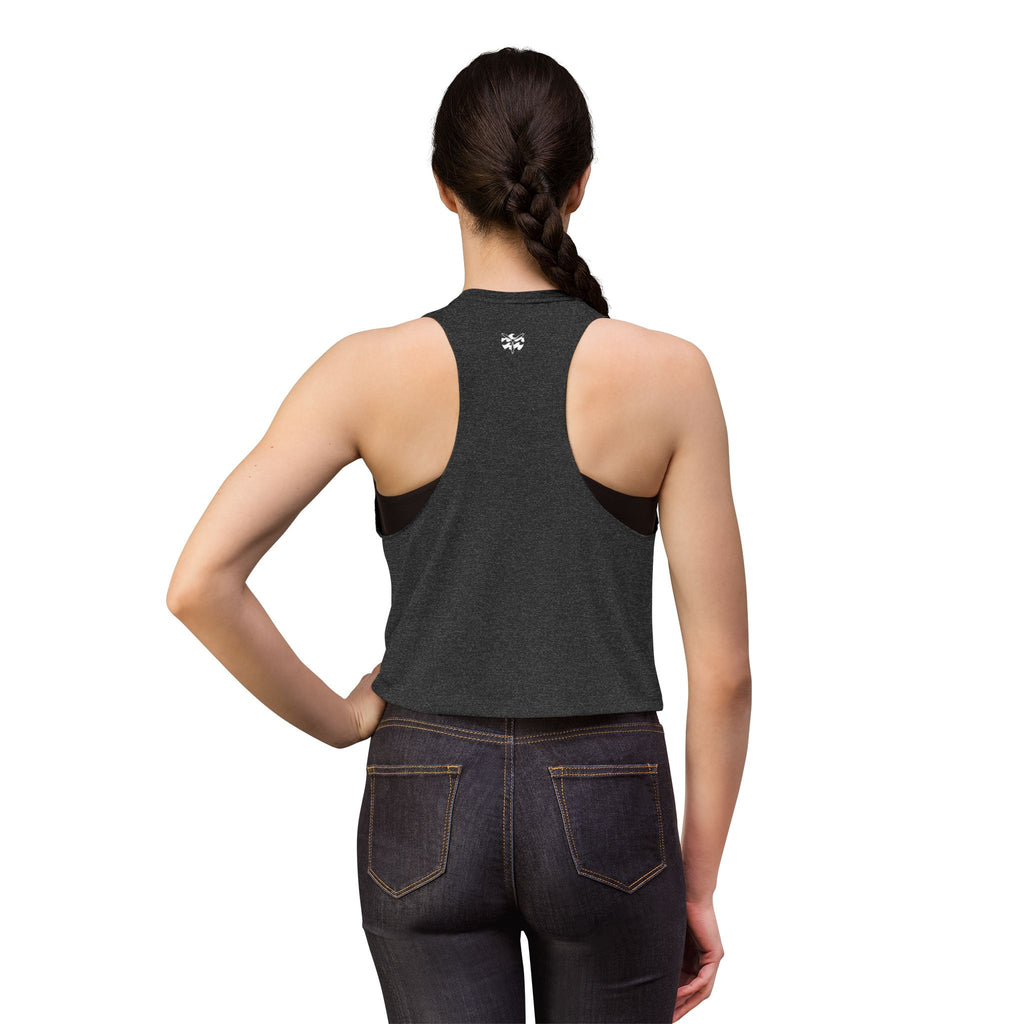 W&W Groovy - Women's Jackal Cropped Tank, graphic tee, tank top, dark grey heather, back, mockup