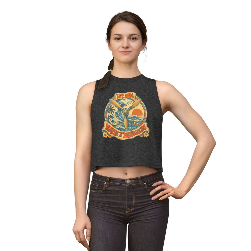 W&W Groovy - Women's Jackal Cropped Tank, graphic tee, tank top, dark grey heather, front, mockup