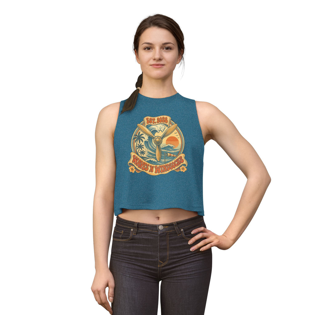 W&W Groovy - Women's Jackal Cropped Tank, graphic tee, tank top, heather deep teal, front, mockup