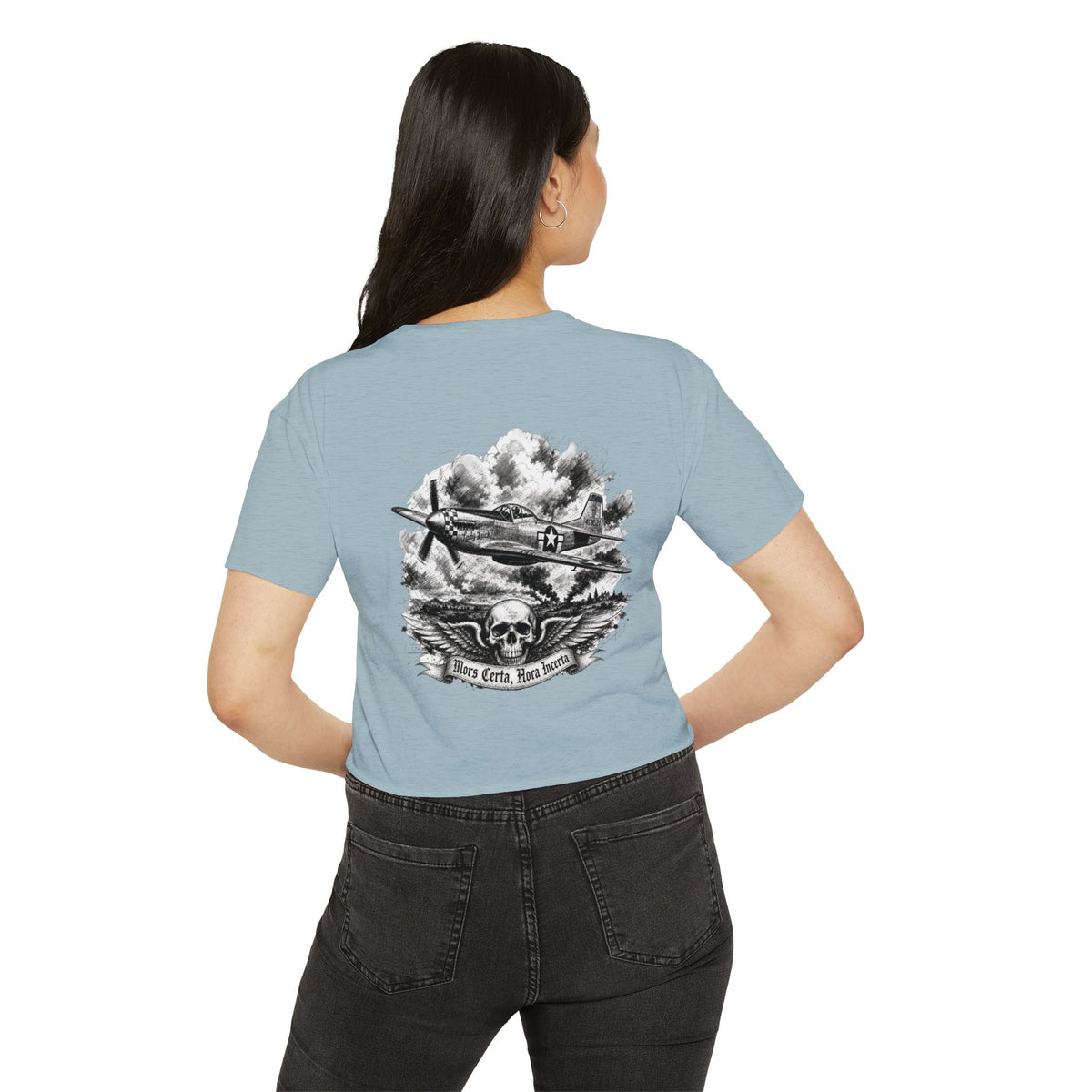 Mors Certa, Hora Incerta - Women's Wisp Ultra-Lightweight Crop Top, graphic tee, cropped, stonewash denim, back, mockup