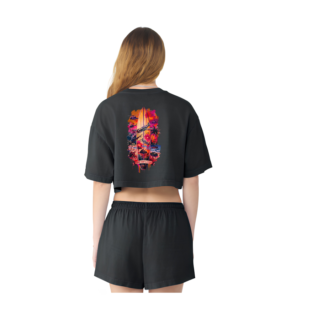 Beachbound Aviator - Women's Vesper Crop Top, graphic tee, black, back, mockup