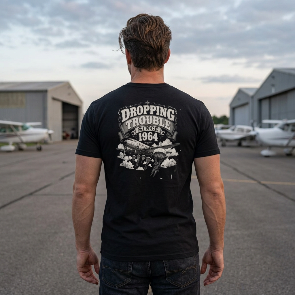 Dropping Trouble Since 1964 - Men's Aegis Tee, graphic tee, black, back, mockup