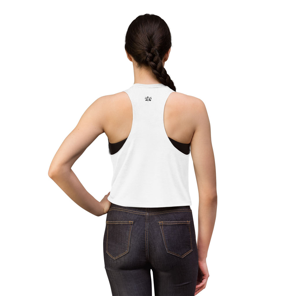 W&W Groovy - Women's Jackal Cropped Tank, graphic tee, tank top, white, back, mockup