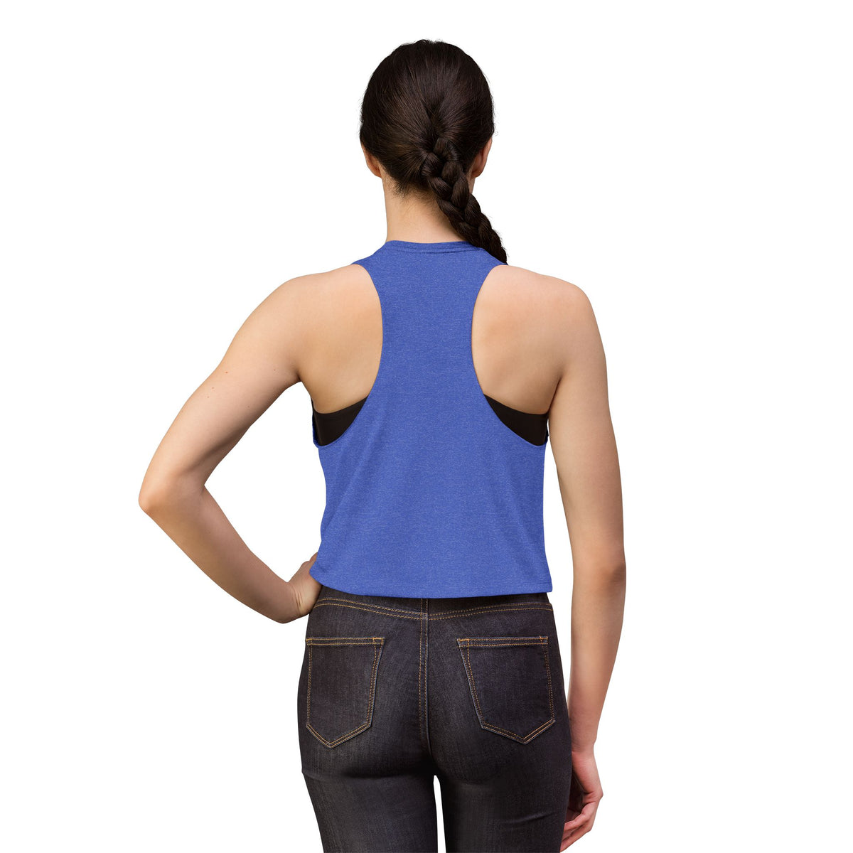 W&W Splatter - Women's Jackal Cropped Tank, graphic tank top, cropped, heather true royal, back, mockup