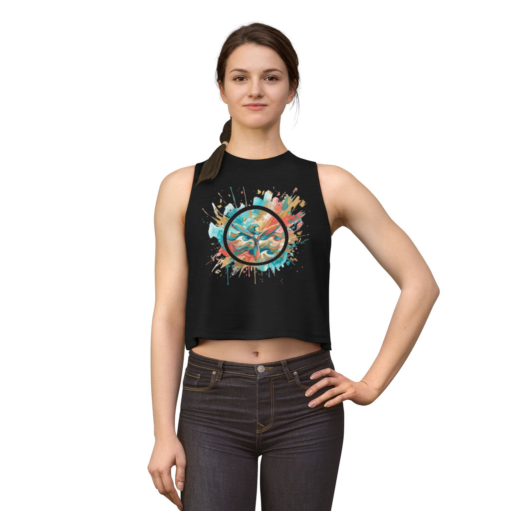 W&W Splatter - Women's Jackal Cropped Tank, graphic tank top, cropped, black, front, mockup