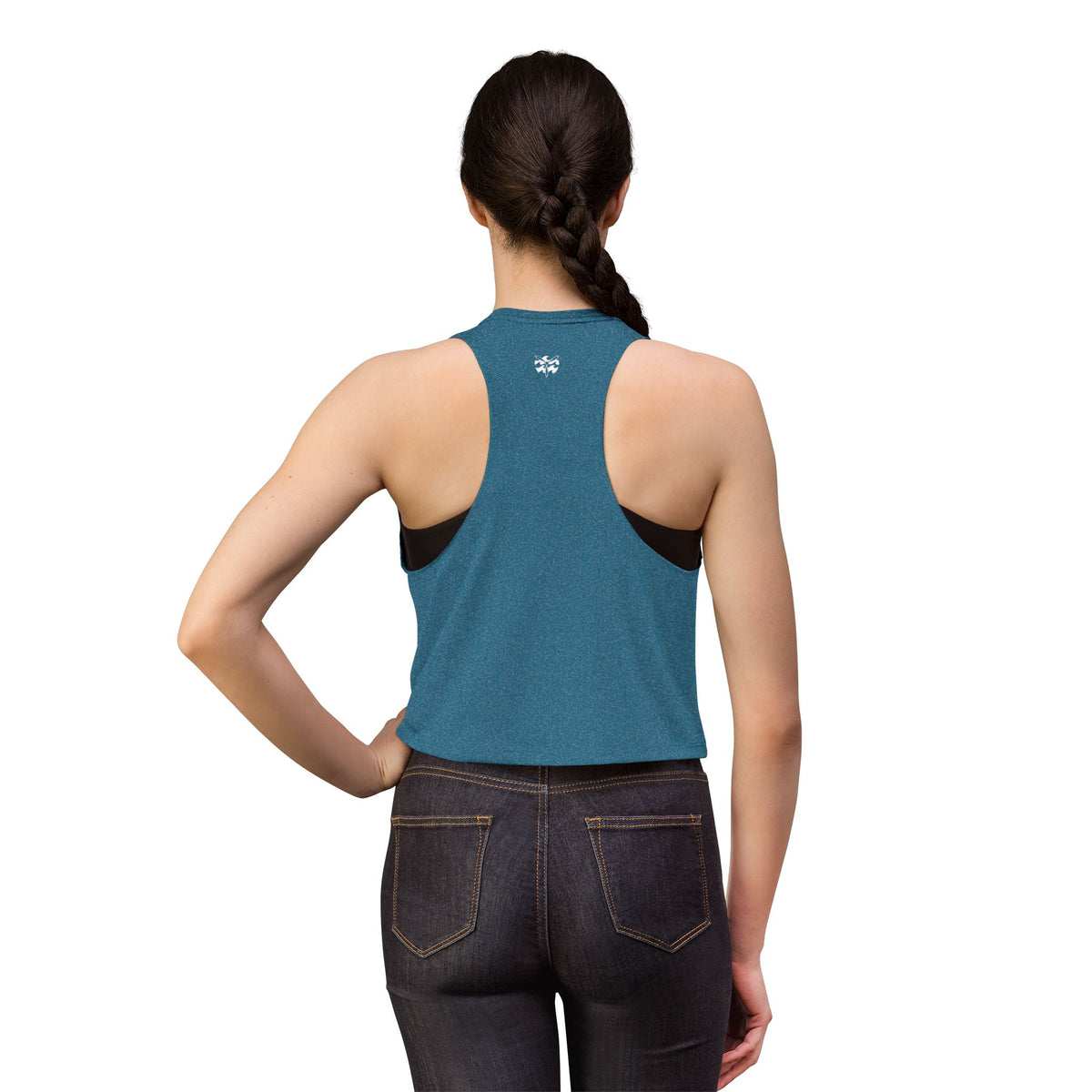 W&W Groovy - Women's Jackal Cropped Tank, graphic tee, tank top, heather deep teal, back, mockup