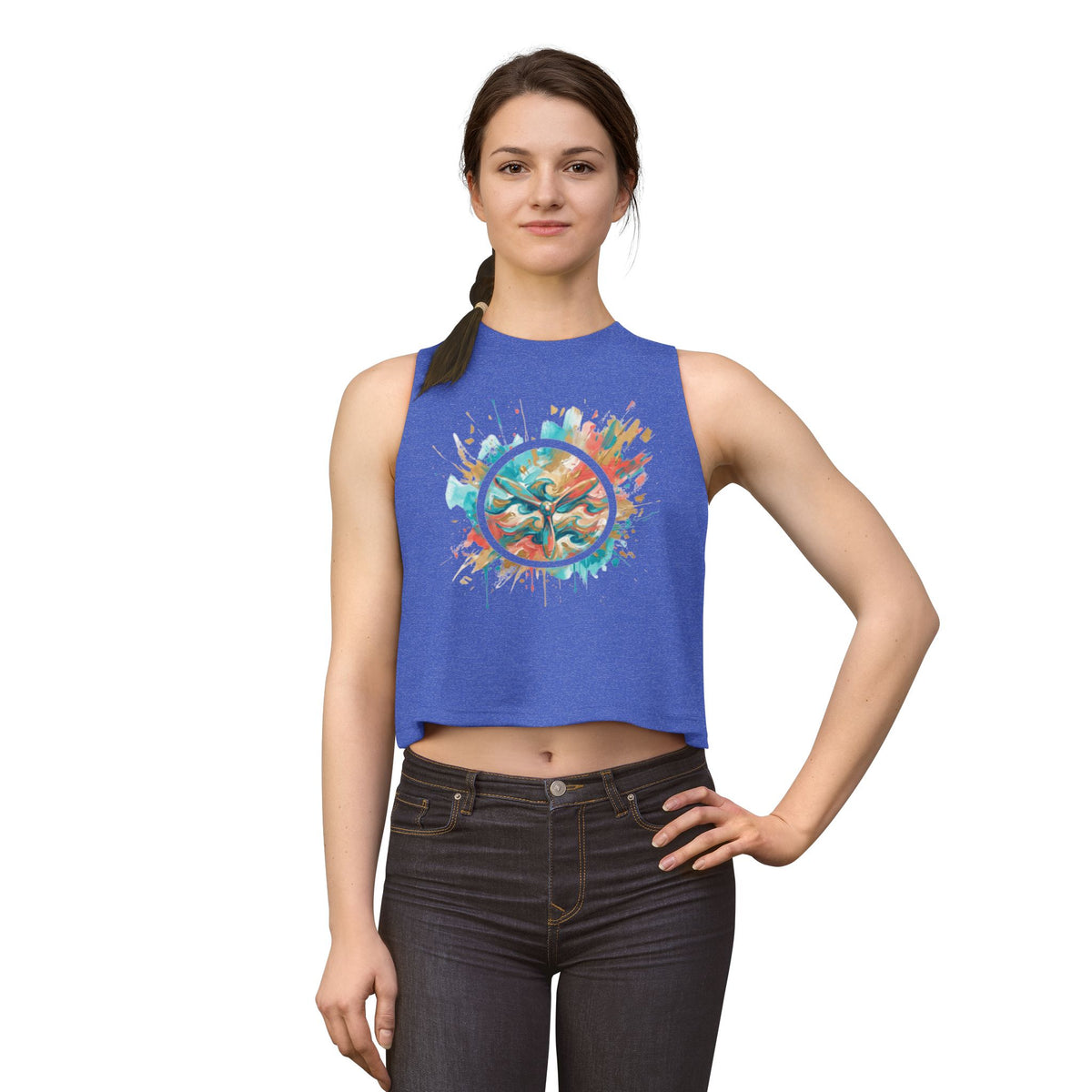 W&W Splatter - Women's Jackal Cropped Tank, graphic tank top, cropped, heather true royal, front, mockup