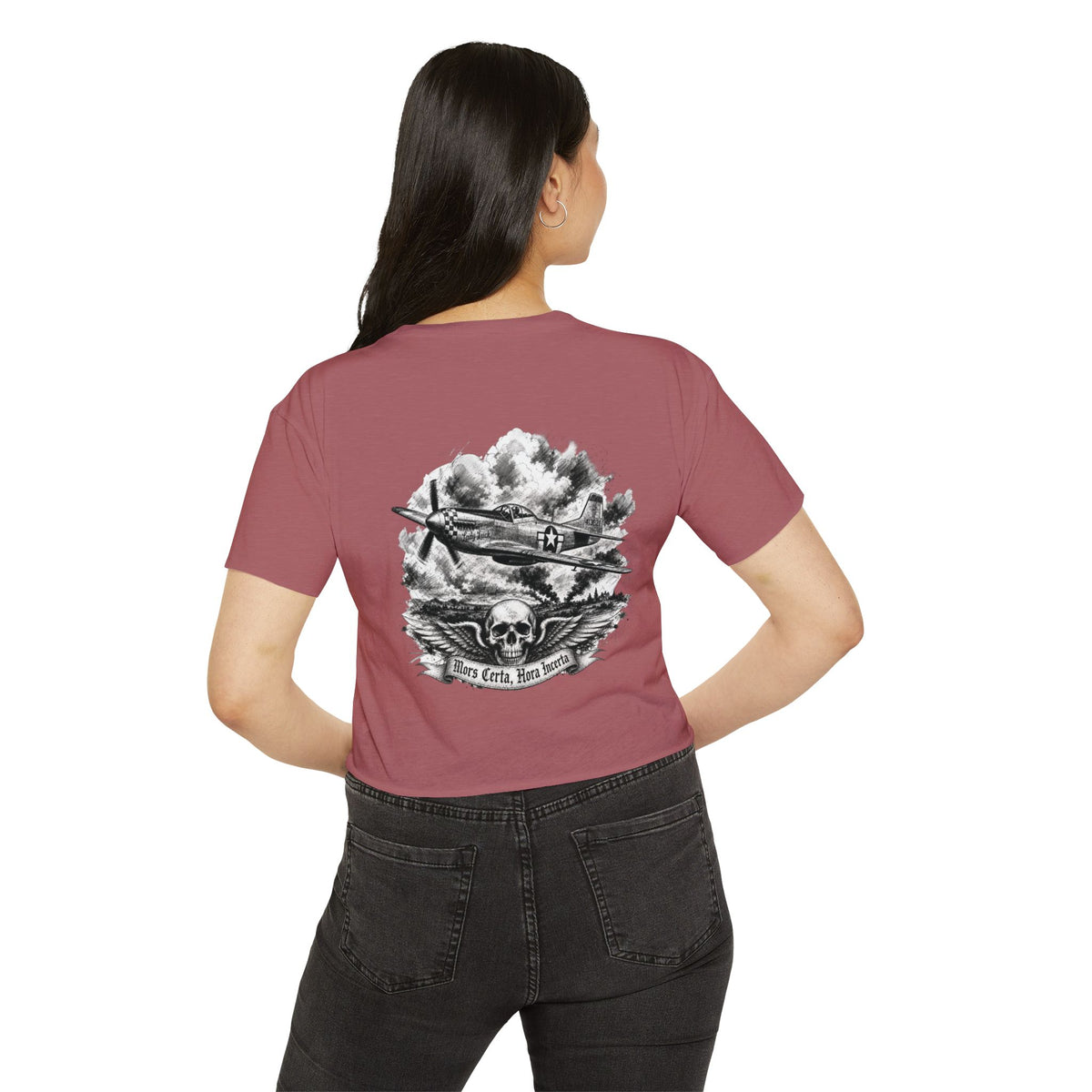 Mors Certa, Hora Incerta - Women's Wisp Ultra-Lightweight Crop Top, graphic tee, cropped, smoked paprika, back, mockup