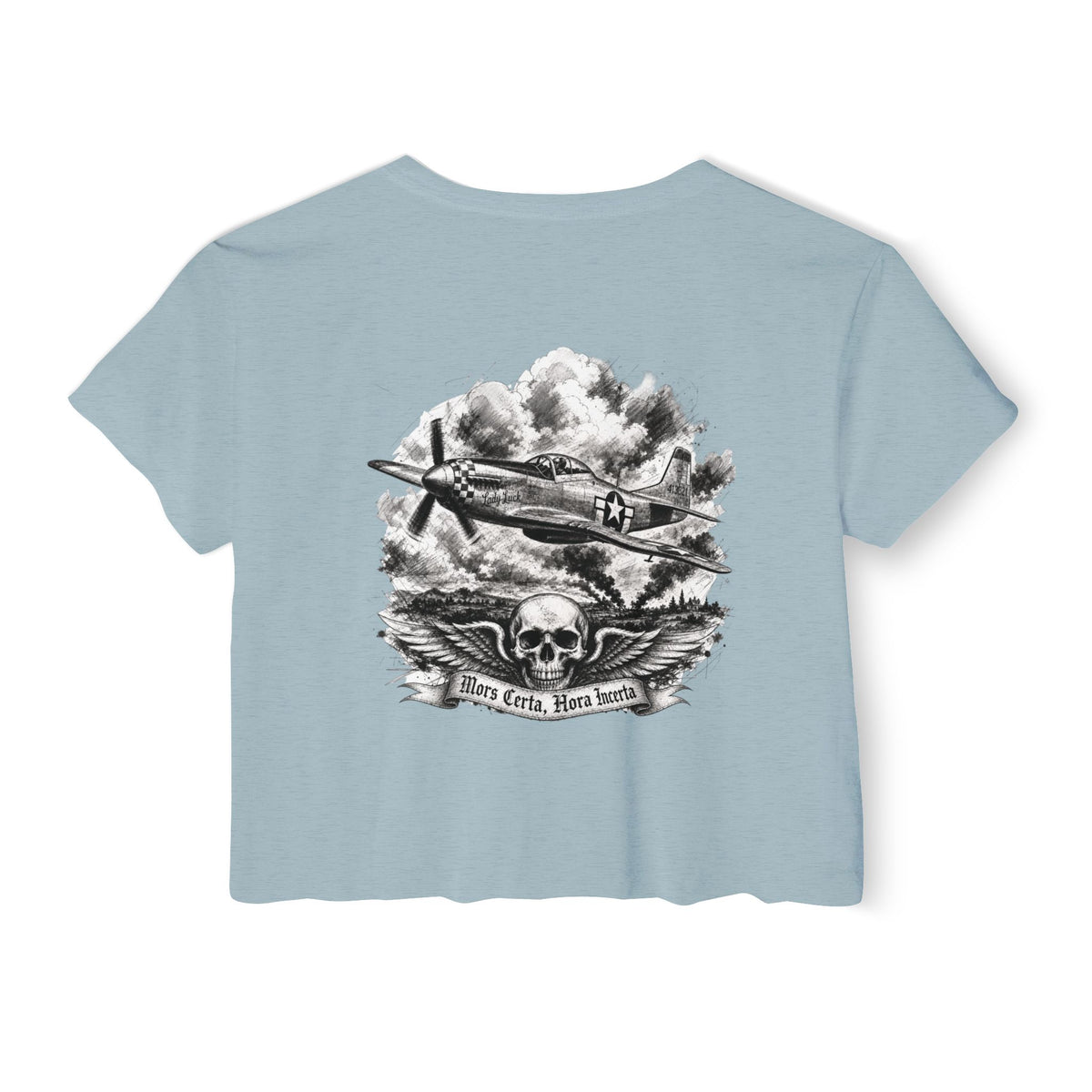 Mors Certa, Hora Incerta - Women's Wisp Ultra-Lightweight Crop Top, graphic tee, cropped, stonewash denim, back
