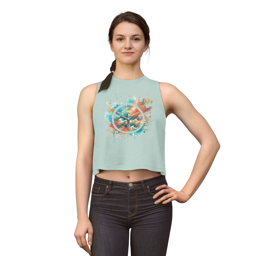 W&W Splatter - Women's Jackal Cropped Tank, graphic tank top, cropped, heather dusty blue, front, mockup