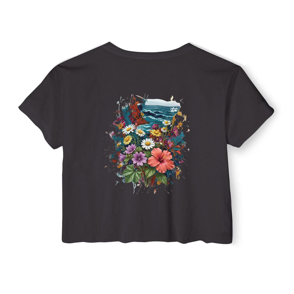 Coastal Flowers-Women's Wisp Ultra-Lightweight Crop Top, cropped, graphic tee, black, back