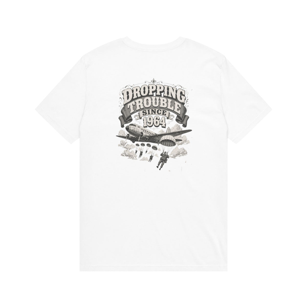 Dropping Trouble Since 1964 - Men's Aegis Tee, graphic tee, white, back