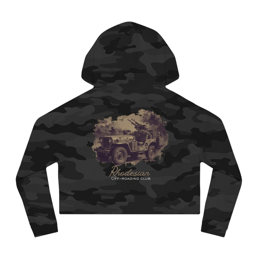 Rhodesian Off-roading Club - Women’s Bogey Cropped Hoodie, graphic tee, cropped, black camo, back