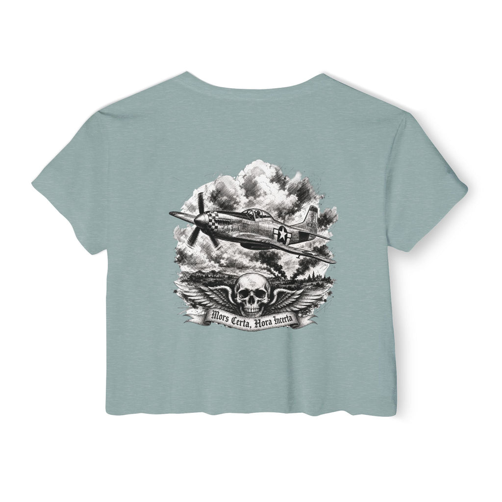 Mors Certa, Hora Incerta - Women's Wisp Ultra-Lightweight Crop Top, graphic tee, cropped, stonewash green, back