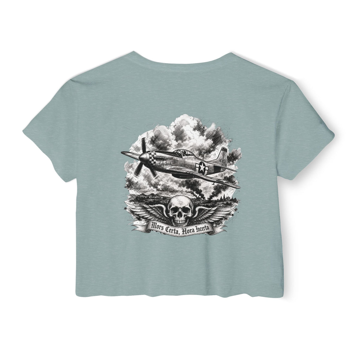 Mors Certa, Hora Incerta - Women's Wisp Ultra-Lightweight Crop Top, graphic tee, cropped, stonewash green, back