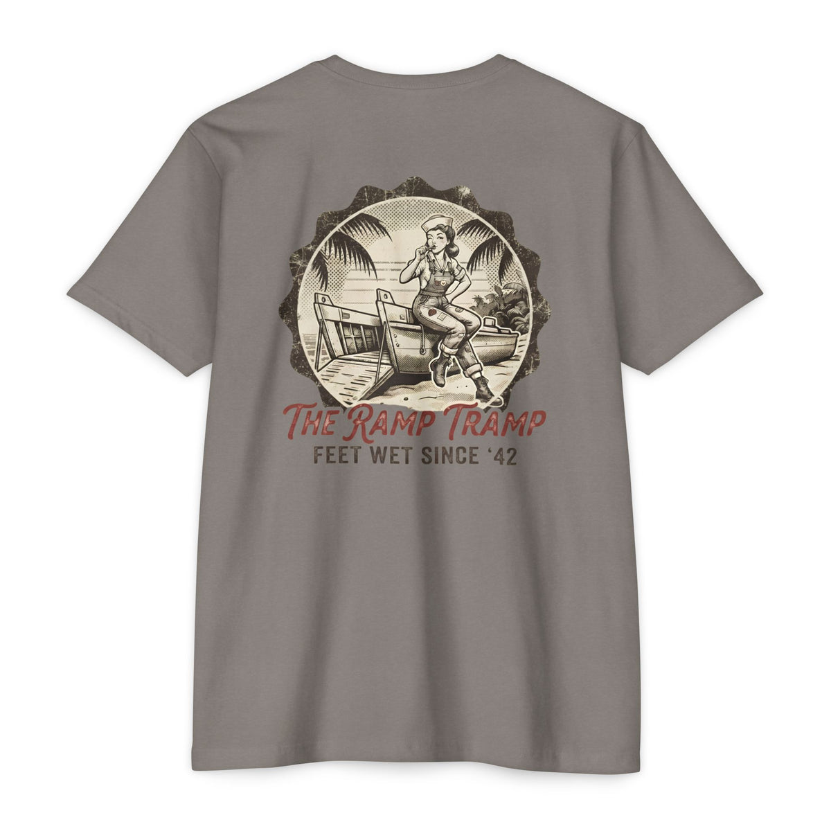 The Ramp Tramp - Men's Breach Tee, graphic tee, stone gray, back