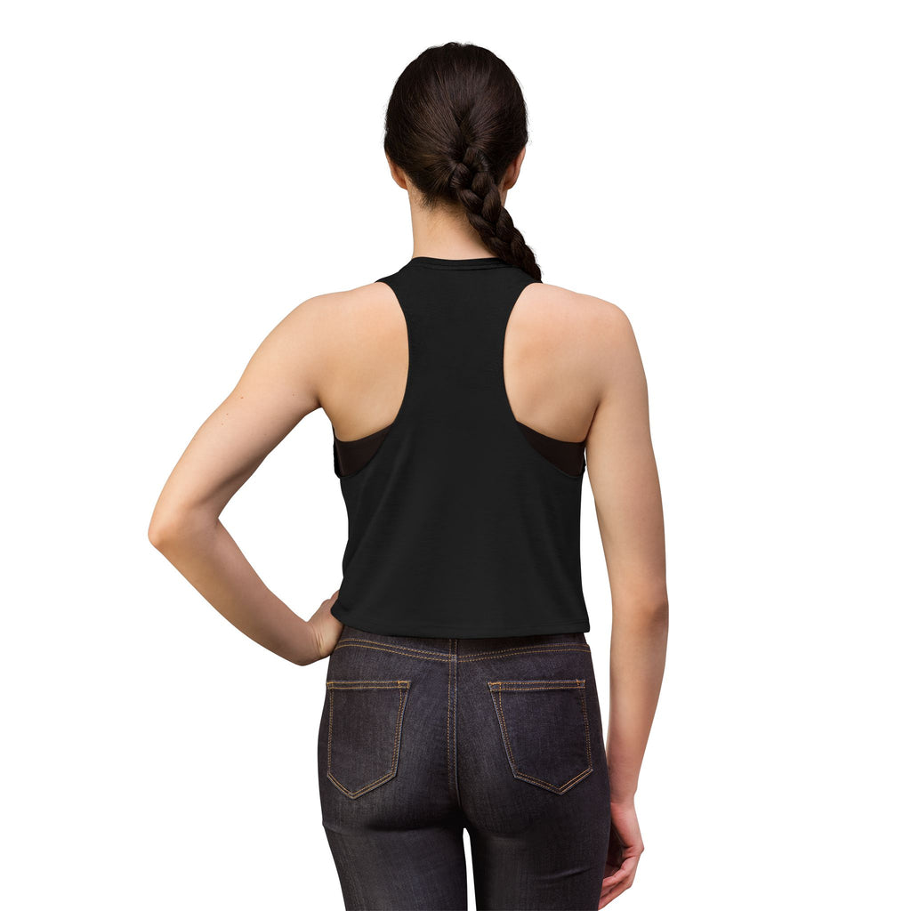 W&W Splatter - Women's Jackal Cropped Tank, graphic tank top, cropped, black, mockup, back