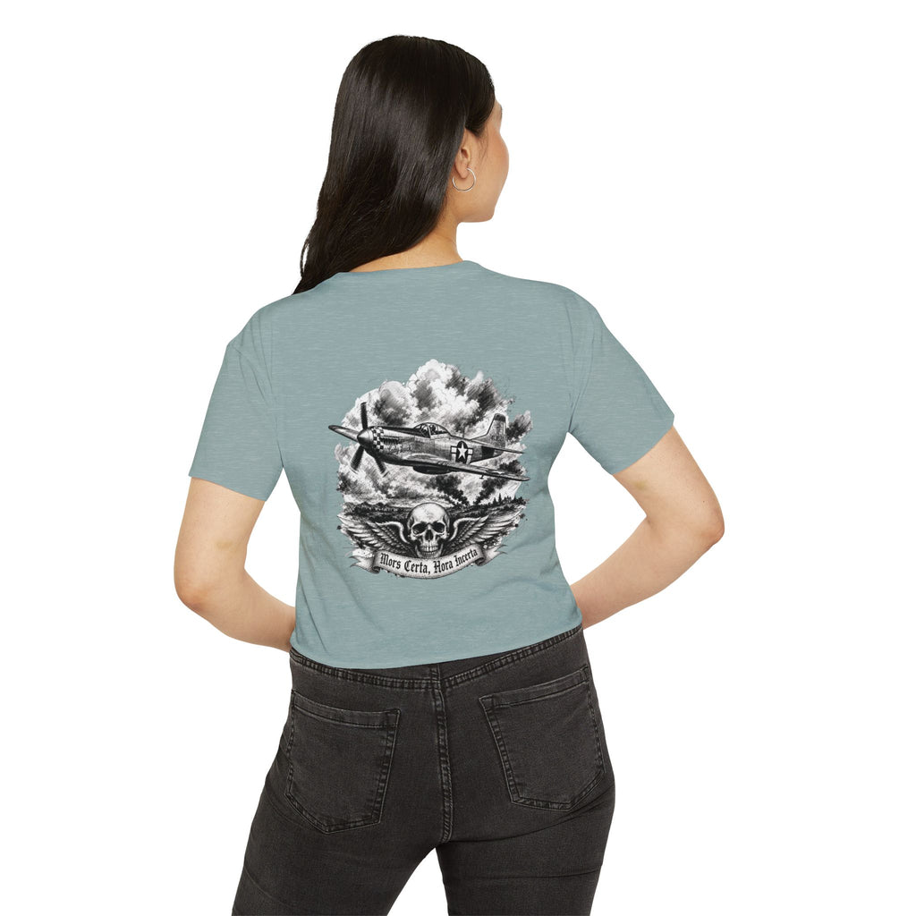 Mors Certa, Hora Incerta - Women's Wisp Ultra-Lightweight Crop Top, graphic tee, cropped, stonewash green, back, mockup