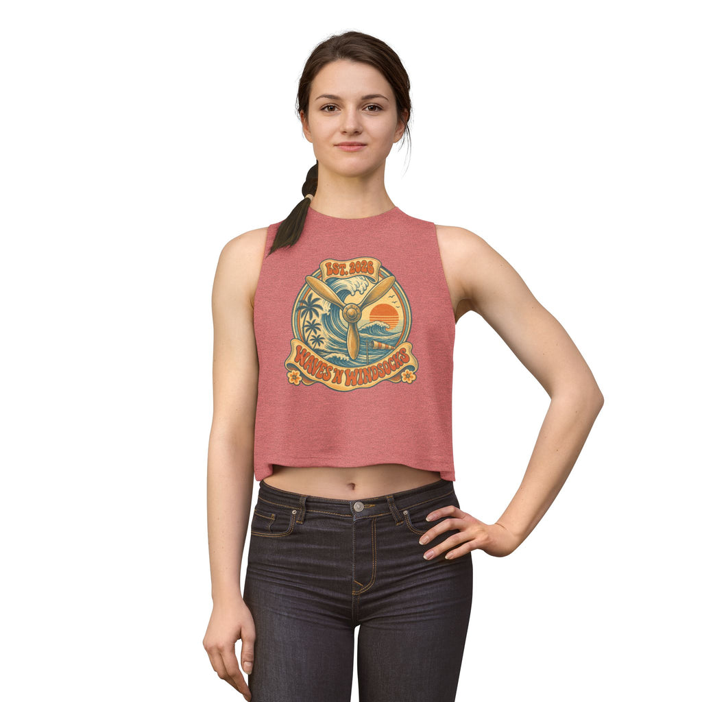 W&W Groovy - Women's Jackal Cropped Tank, graphic tee, tank top, heather mauve, front, mockup