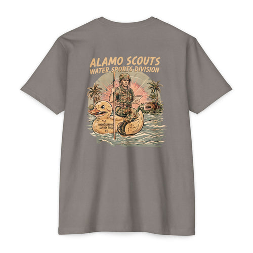 Alamo Scouts Water Sports Division - Men's Breach Tee, graphic tee, stone gray, back