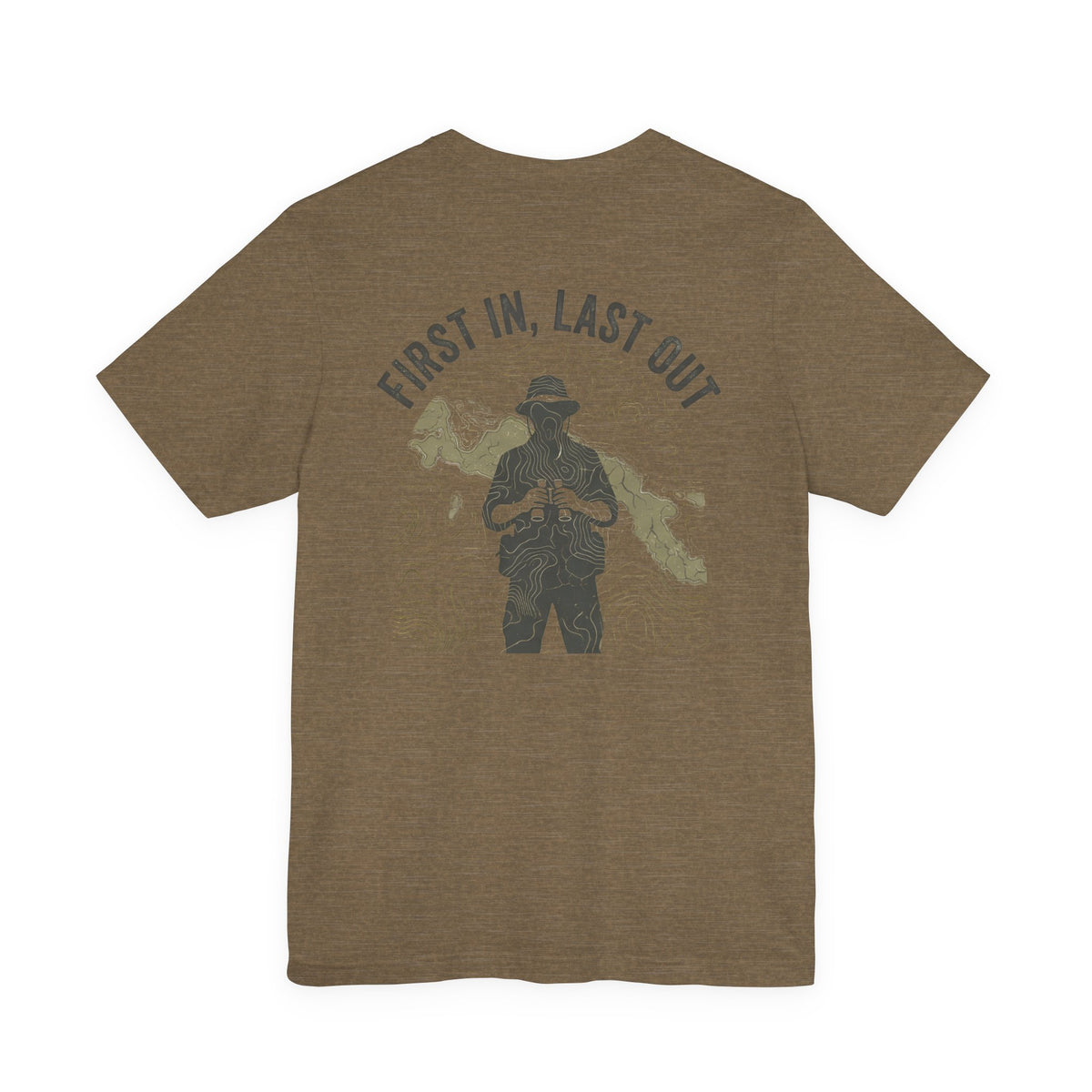 First In, Last Out - Men's Viper Tee, graphic tee, heather olive, back