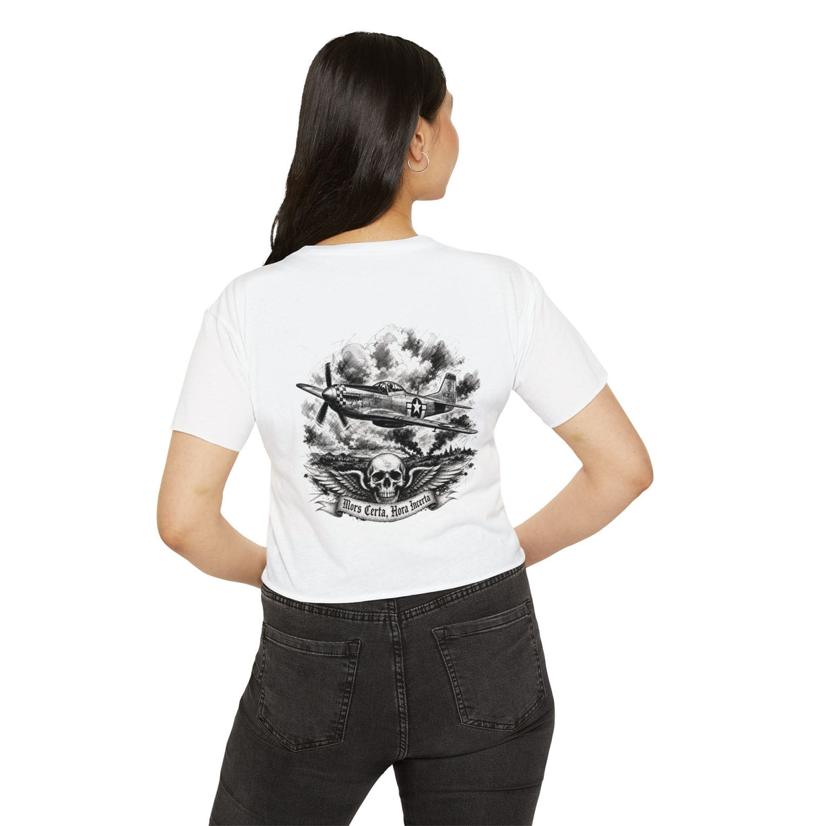 Mors Certa, Hora Incerta - Women's Wisp Ultra-Lightweight Crop Top, graphic tee, cropped, white, back, mockup